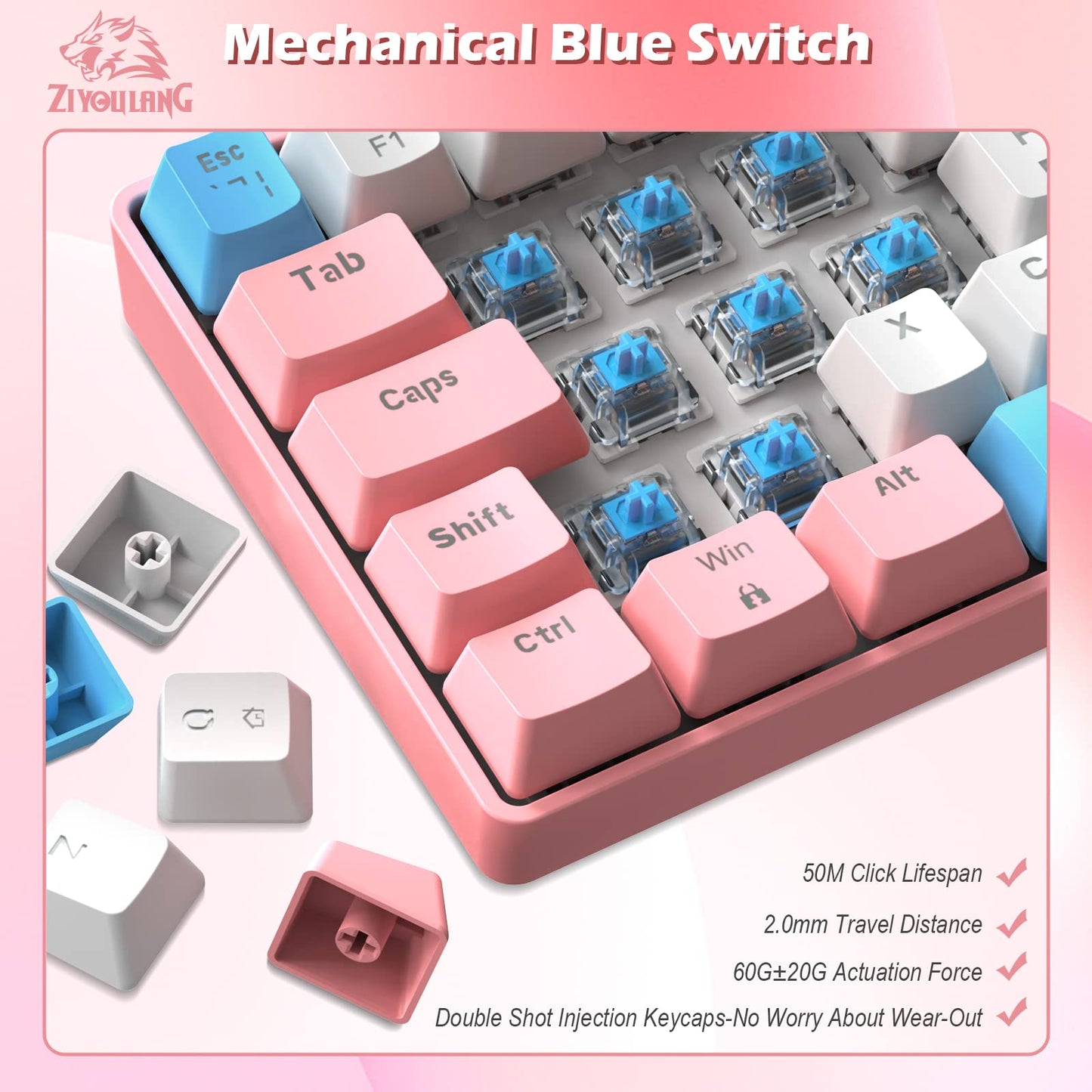 ZIYOU LANG RK-T60 Wired Mechanical Gaming Keyboard and Mouse Combo Mini Portable with Rainbow Backlit 62Key NKRO 6400DPI RGB Honeycomb Mice Coiled Aviator Cable for PS4/PC/WIN Gamer(Pink/Blue Switch)