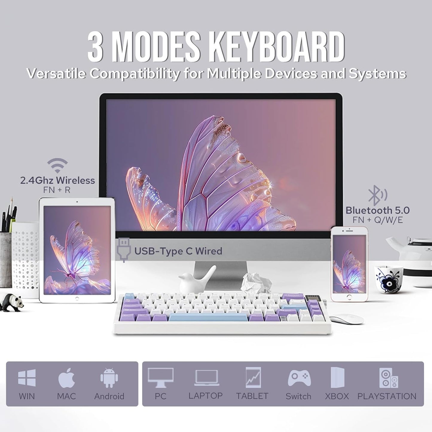 AJAZZ AK650 65% Gasket Mechanical Keyboard, 3 Modes Wireless Gaming Keyboard with 0.85'' TFT Screen & Knob, Hot Swappable, 5000 mAh Battery, Flex-Cut Plate & PCB, RGB (White Purple)