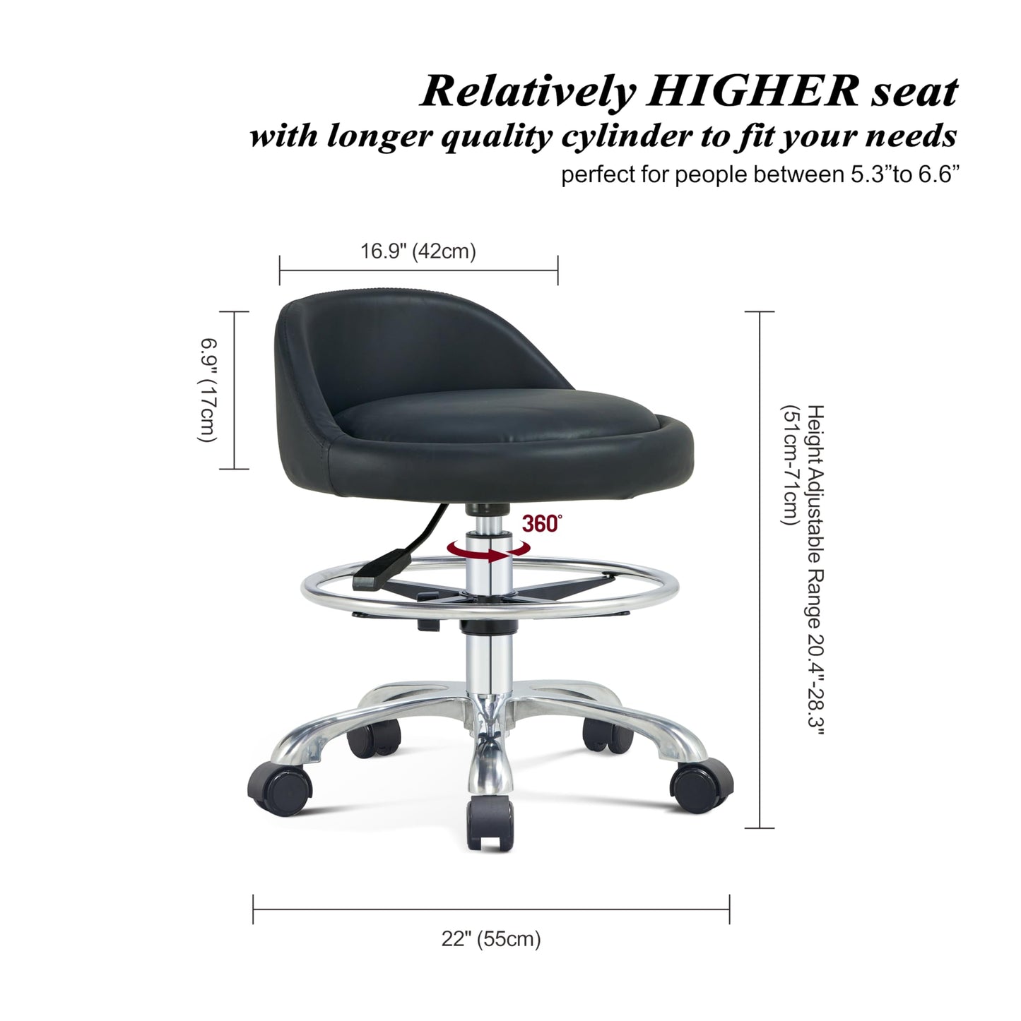 HNKastela Rolling Shop Stool with Back Support - Height Adjustable Stool with Wheels Heavy Duty for Salon Spa Tattoo Esthetician Kitchen