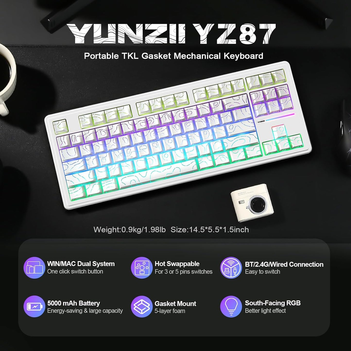 YUNZII YZ87 Gasket Mechanical Keyboard,TKL Wireless Hot Swappable with 5-Layer Padding, BT5.0/2.4G/USB-C NKRO RGB Backlit for Win/Mac(White, Milk Switch)