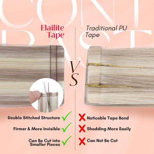 Elailite Tape in Hair Extensions Human Hair Thick Real Remy Hairpieces Ash Blonde & Bleach Blonde 22 Inch 50g 20pcs Straight Invisible Seamless Skin Weft Best Tape for Women