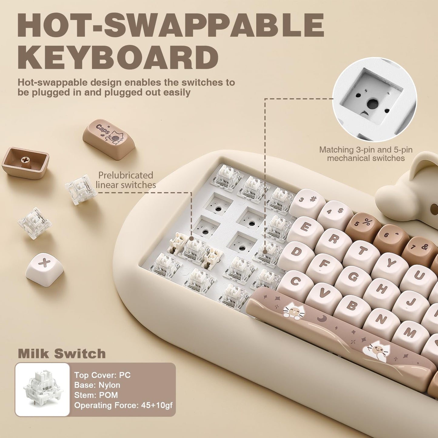 YUNZII C68 Wireless Mechanical Keyboard,65% Layout,Hot Swap,Triple Mode BT5.0/2.4G/Wired, RGB Backlit NKRO,Cute Cat Silicone Ergonomic Design for Win/Mac (Brown, Milk Switch)