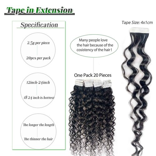 Invisible Tape in Hair Extensions Human Hair 24 Inch Water Wave Natural Black Tape in Extensions Human Hair 50grams 20pcs Full Head Curly Real Hair Extension Tape ins for Black Women