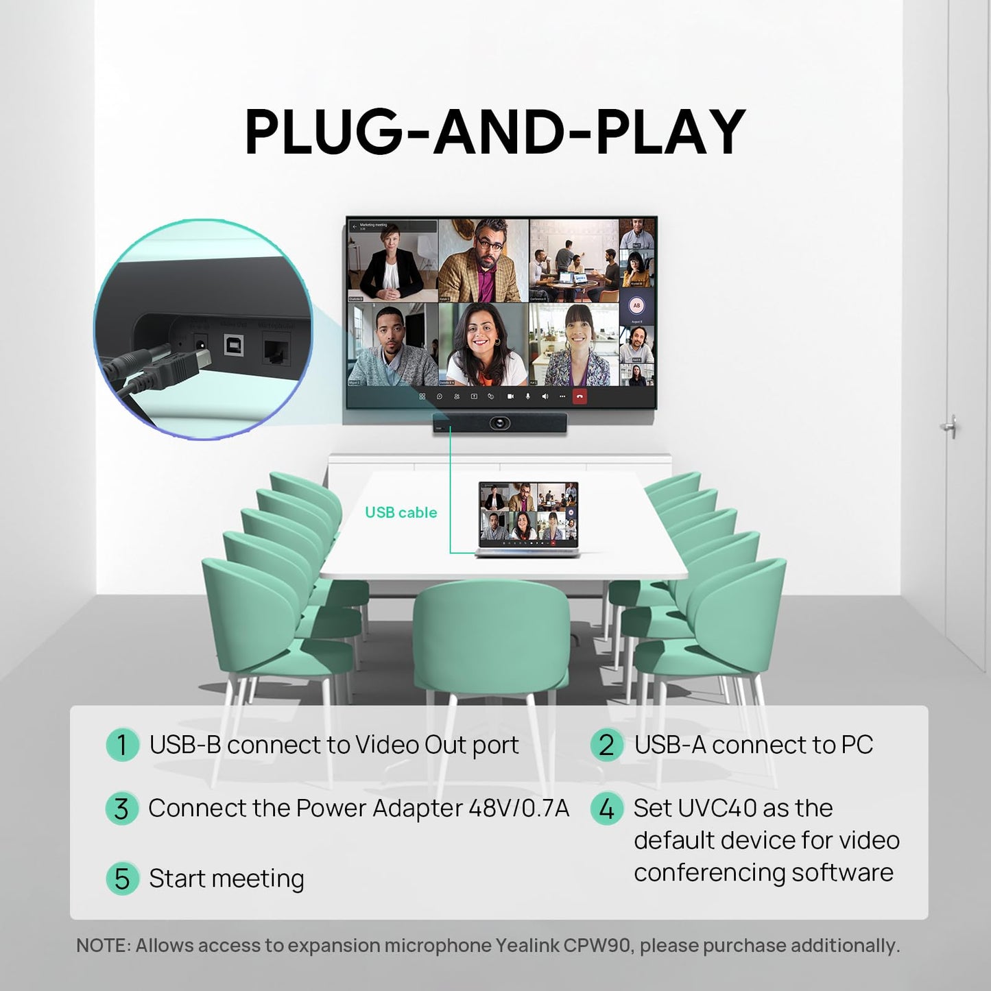 Yealink UVC40 Video Conference Room Camera System Teams Zoom Certified, 4K Webcams All-in-One Video and Audio Conferencing Video Bar, 133° Wide Angle Webcam, Speaker Tracking, PC Connected via USB-A