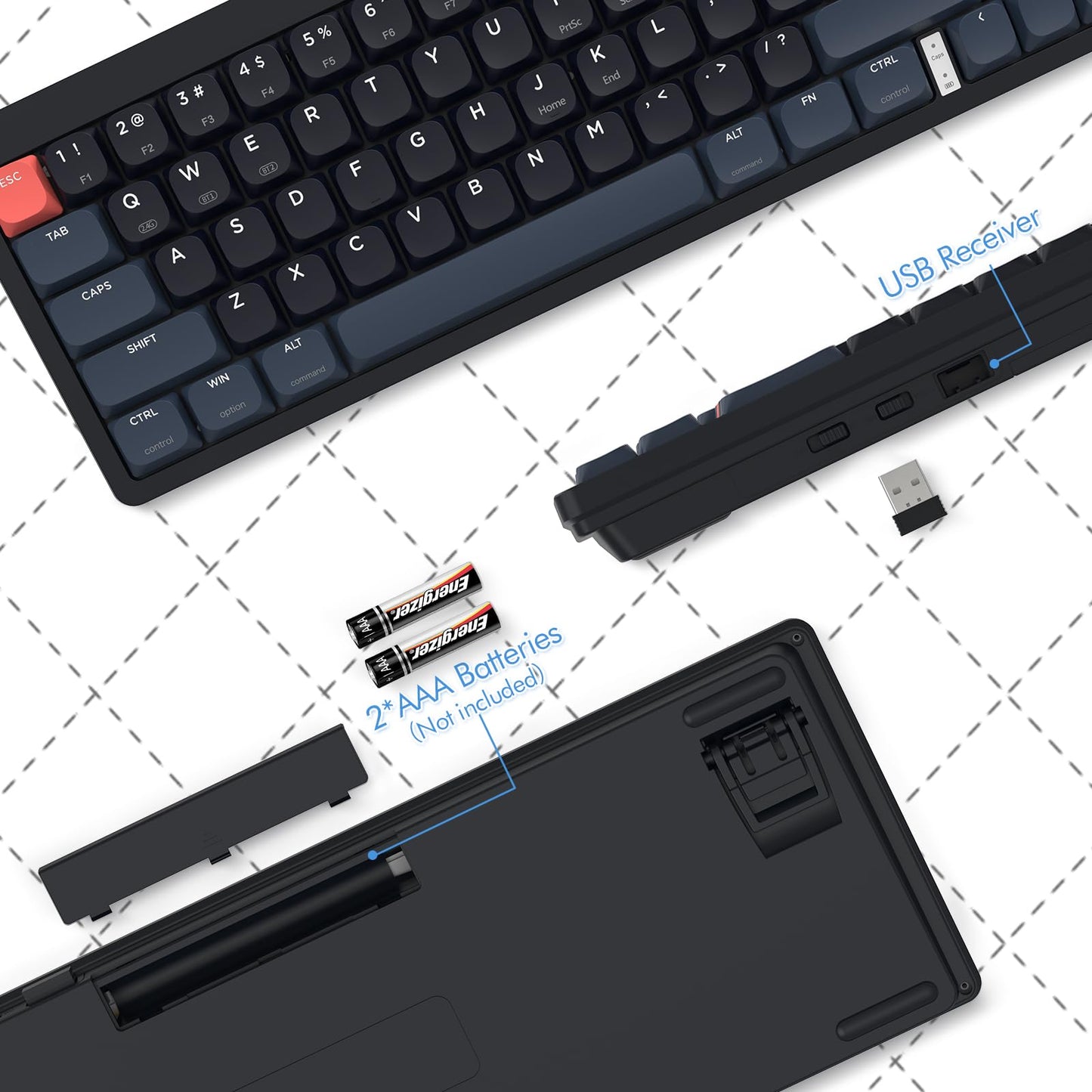A.JAZZ AKL680 65% Low Profile Wireless Mechanical Keyboard, BT/2.4Ghz Dual Mode 68 Keys Gaming Keyboard with Ultra-Thin Blue Switches for PC/Laptop/Windows/Mac(Blue/Black)