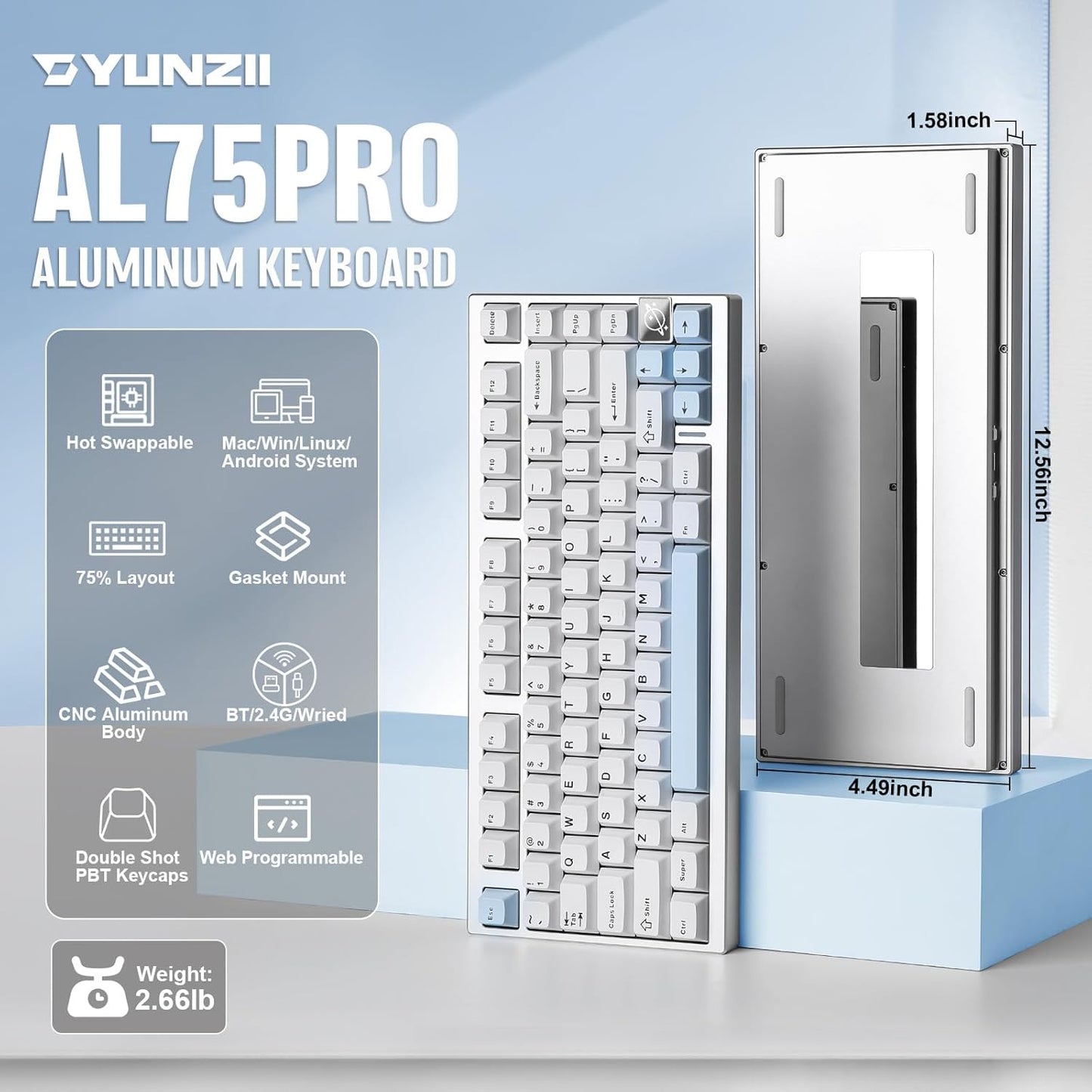 YUNZII AL75 PRO 75% Wireless Mechanical Gaming Keyboard,Full Aluminum CNC,BT/2.4G/Wired,PBT Keycaps,Gasket Mounted Hot Swap,Custom RGB Backlight, Programmable for Mac/Win (Silver, Blue Grey)