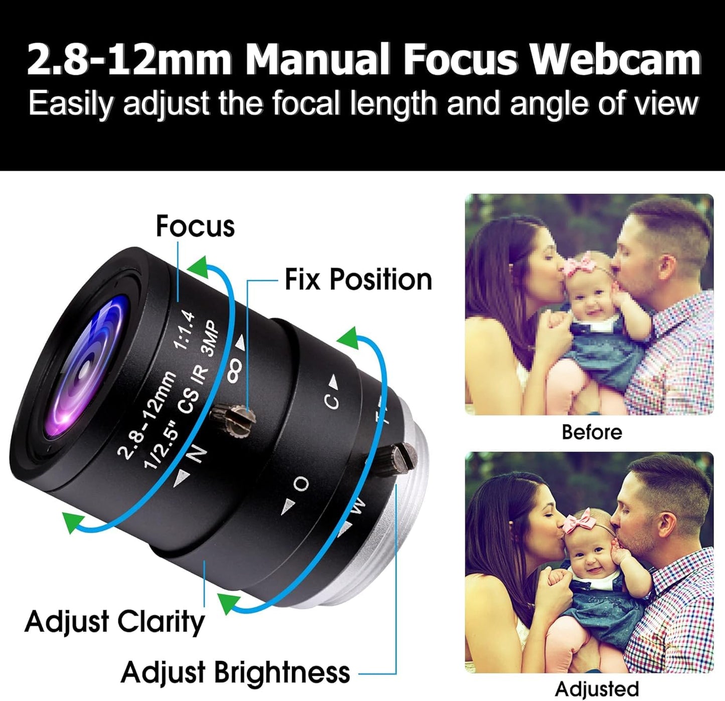 ALPCAM 1080P USB Camera with 2.8-12mm Varifocal Lens, 0.01Lux Low Light Webcam H.264 IMX323 Computer Camera for Video Conference, Plug & Play for Windows/Linux/Mac