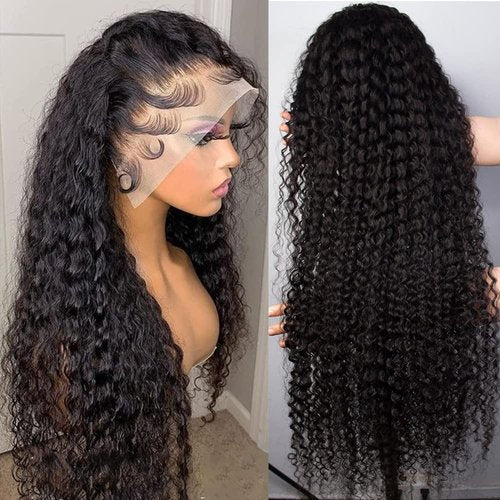 GIESWY Deep Wave Lace Front Wigs Human Hair 13x4 HD Transparent Lace Frontal Glueless Wigs for Women, Natural Black, 16 inch