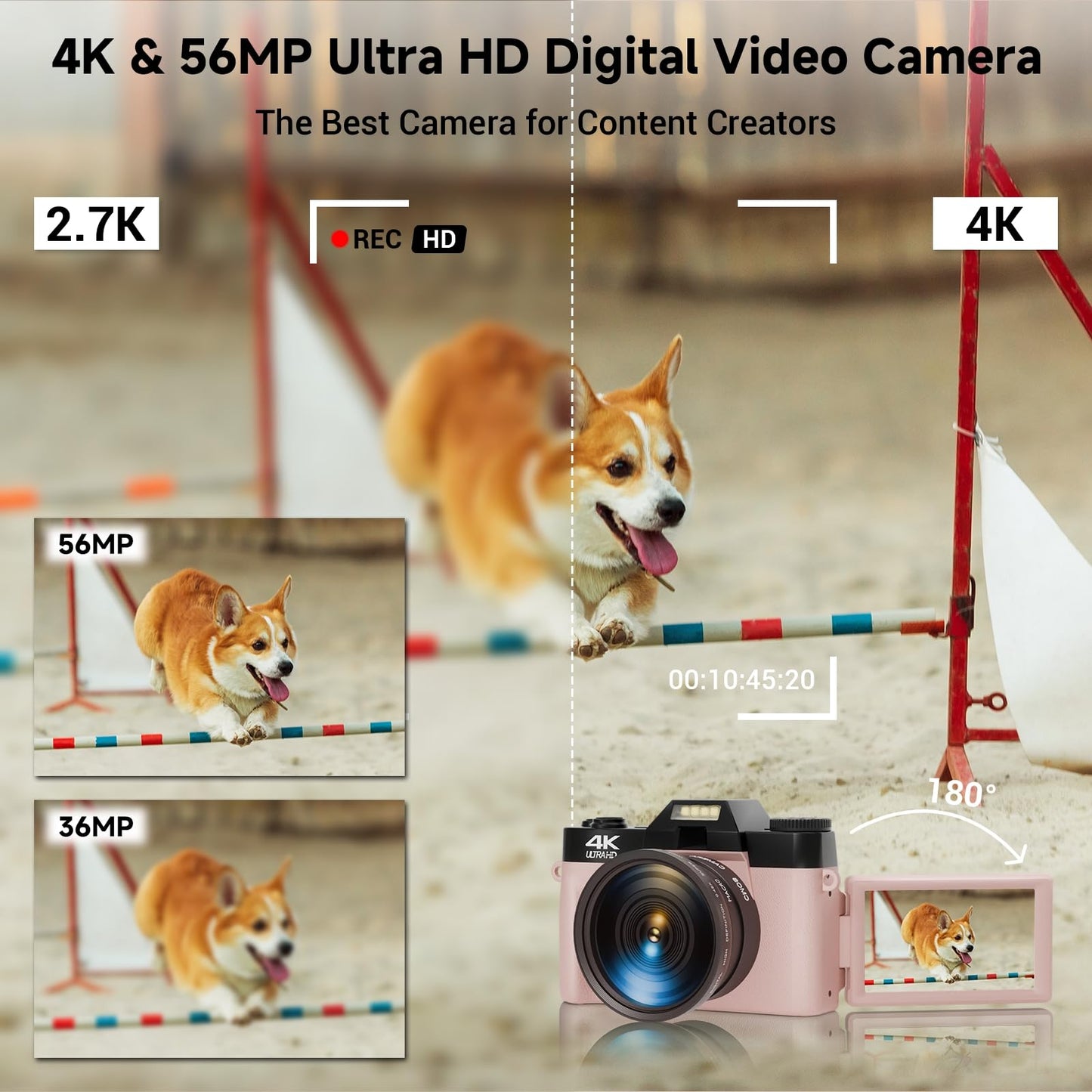 4K Digital Camera for Photography, 75MP WiFi Vlogging Video Camera for Youtube with 3'' 180°Flip Screen, 64GB SD Card, 16x Digital Zoom, 2 Batteries, Point and Shoot Digital Camera for Beginner (Pink)