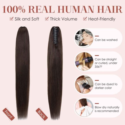 prokyvity Human Hair Claw Clip Ponytail, Claw Clip Human Hair Ponytail,Effortless Application with Secure Hold,Style in Seconds,Quick Styling Solutions for Busy Lives,14"/105g Dark Brown
