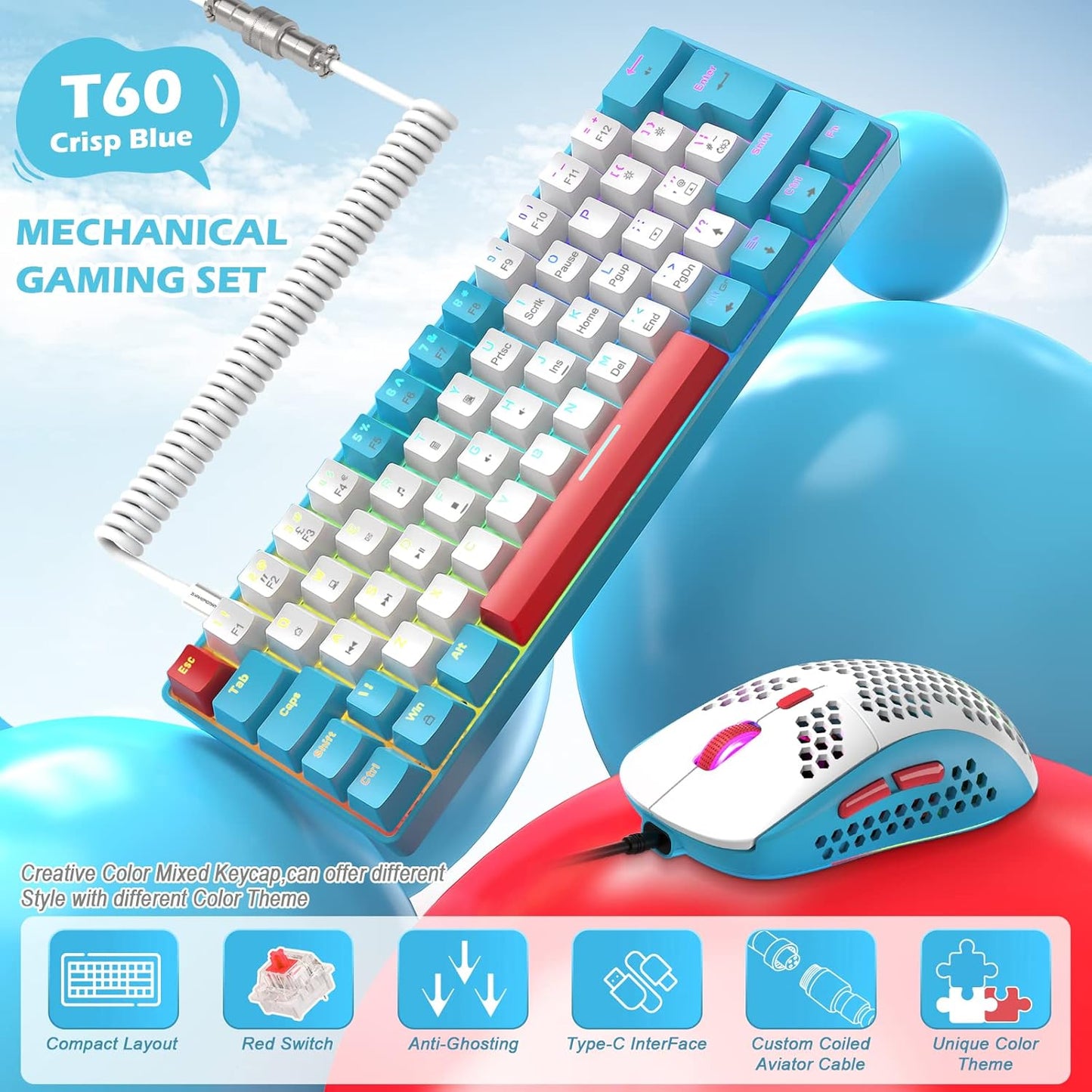 ZIYOU LANG RK-T60 Wired Mechanical Gaming Keyboard Mini Portable with Rainbow Backlit 62Key ABS Keycaps Full Anti-Ghosting Ergonomic Design Coiled Aviator Cable for PS4/PC/WIN Gamer(Blue/Red Switch)