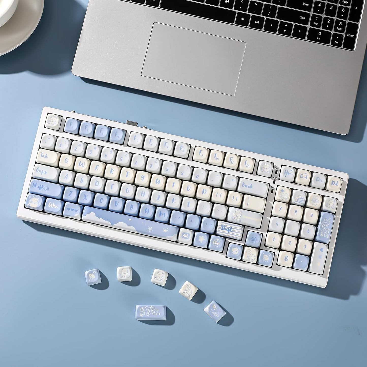 YUNZII 132 Keys MOA Keycaps, Dye-Sublimation PBT Custom Keycap Set for MOA Profile, Cute Bear Customized Pattern Keycaps for MX Switches Mechanical Gaming Keyboard (Butter)