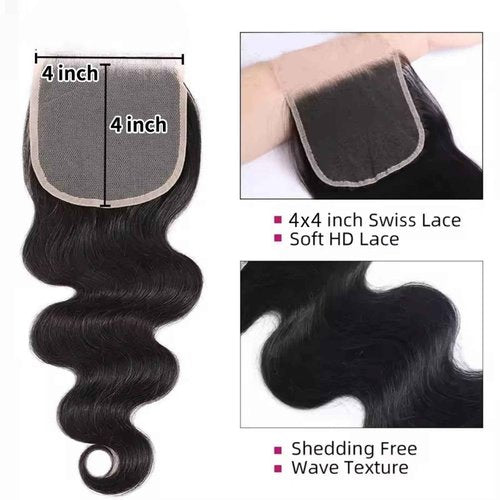 Brazilian Body Wave Virgin with Lace Closure(14 16 18 with12 Closure) Human Hair Unprocessed Hair with Closure 4X4 Lace Natural Black Hair