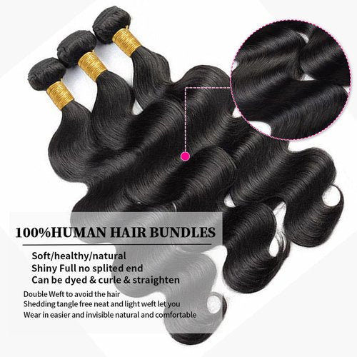 SHWAIR 10A Body Wave Bundles 22 24 26 Inch Human Hair Bundles 100% Unprocessed Brazilian Body Wave Bundles 3 Bundles Human Hair Wet and Wavy Long Hair Weave Bundles Natural Black Color Bundles
