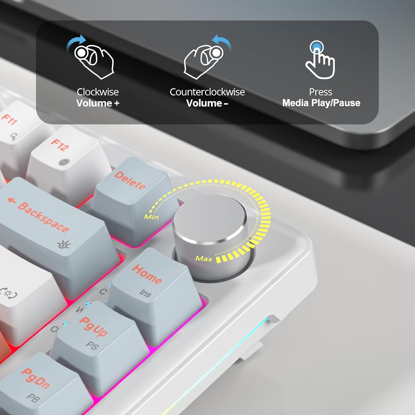 75% Mechanical Gaming Keyboard with Volumn Knob, Gasket Hot Swappable RGB, Wired, Red Switch, 82 Keys Compact Creamy (Black Grey)