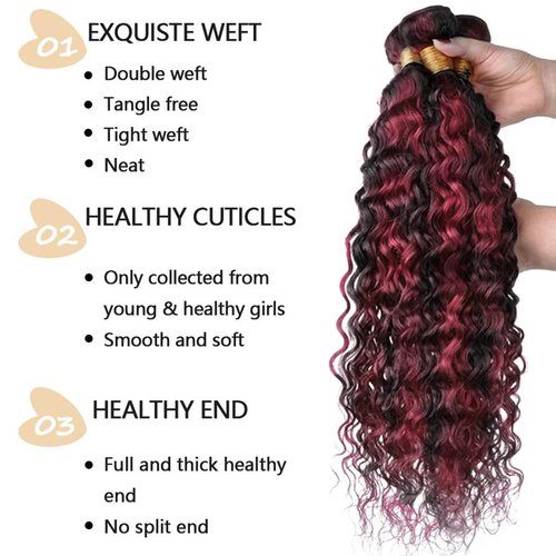 Fabimiya 18 20 22 inch Burgundy P1B/99J Deep Wave Human Hair Bundles Wine Red Human Hair Bundles Unprocessed Burgundy Soft Sewn In Hair with Double Weft for Black Women
