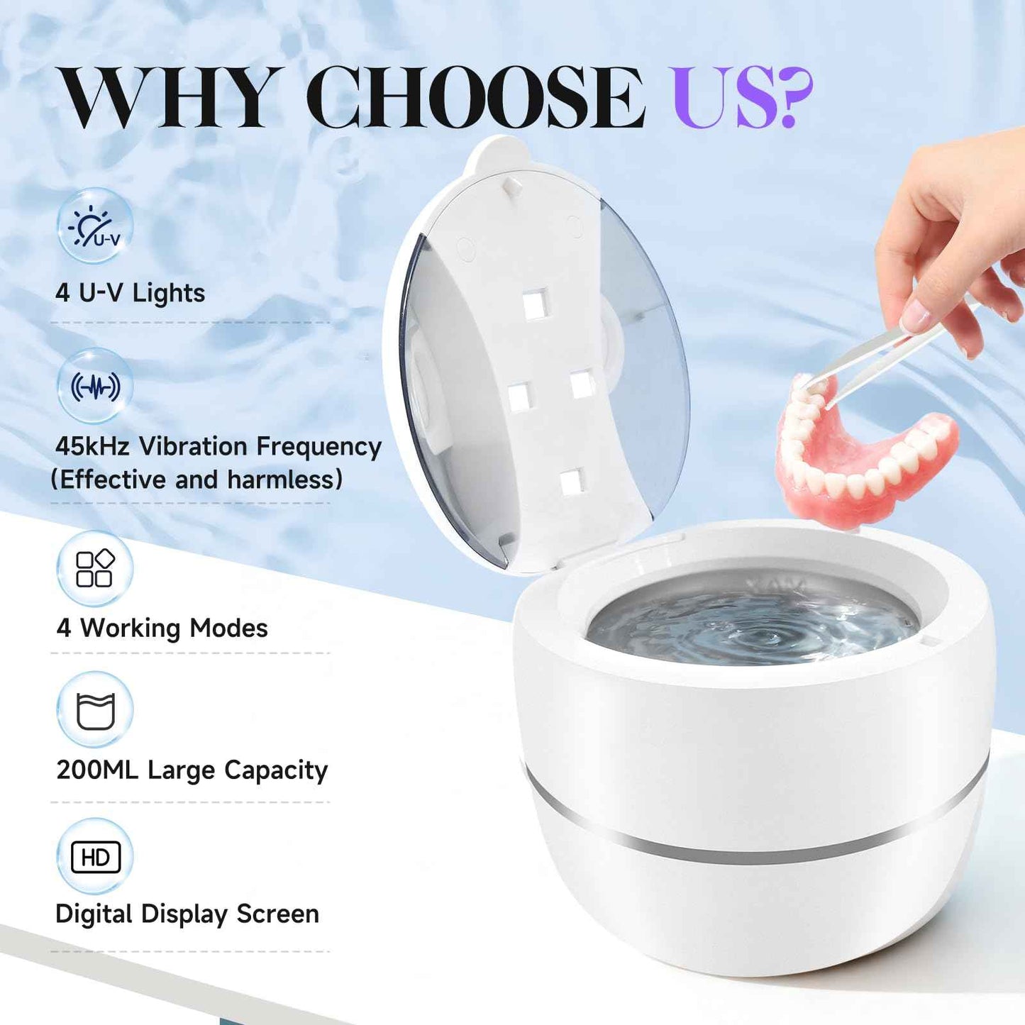 2025 Ultrasonic Retainer Cleaner Machine for Dentures - 45kHz Retainer Cleaner Machine for Mouth Guards, Braces, Toothbrush Heads, Jewelry with 200ML Capacity, 24W & 4 Modes for All Dental Appliances