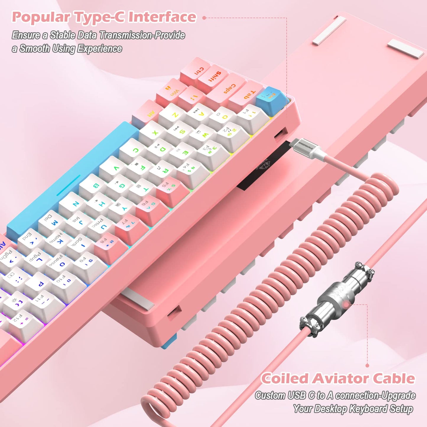 ZIYOU LANG RK-T60 Wired Mechanical Gaming Keyboard and Mouse Combo Mini Portable with Rainbow Backlit 62Key NKRO 6400DPI RGB Honeycomb Mice Coiled Aviator Cable for PS4/PC/WIN Gamer(Pink/Blue Switch)