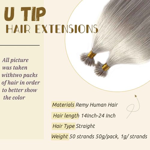 Silver U Tip Human Hair Extensions Remy Hair Extensions Platinum Silver Prebonded Human Hair Extentions 22Inch Keratin U Tip Extensions Per Strand Fusion Human Hair Extensions 50g Utip Stright Hair