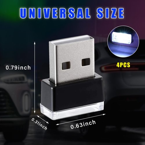 Augeny 4 PCS USB LED Car Interior Atmosphere Lamp, Plug-in USB Decor Night Light, Portable Auto Ambient Lighting Kit, Universal Vehicle Interior Accessories for Most Cars (White)