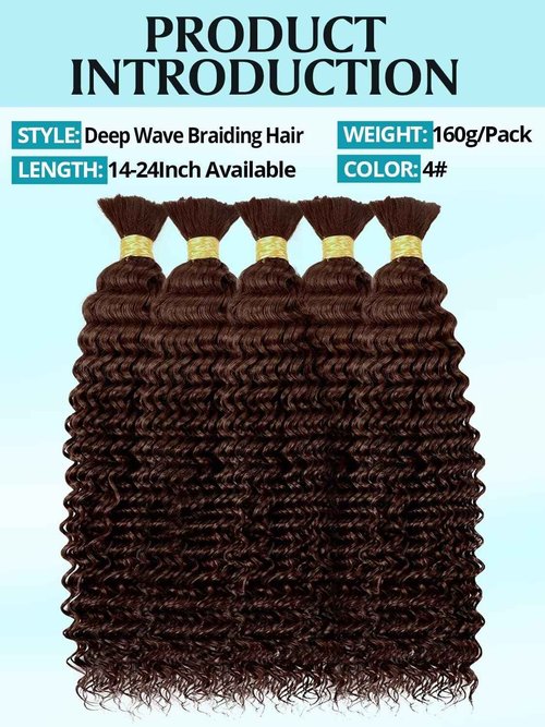160g 5 Bundles/Pack Chocolate Brown Human Braiding Hair for Boho Braids 20 Inch Curly Boho Hair for Braiding Knotless 12A Deep Wave Bulk Bohemian Color 4