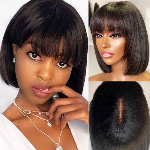 newnavat 12 Inch Glueless Wear and Go Wig Bob Wig With Bangs Human Hair HD Lace Glueless Wigs Natural Black Bob Wigs With Bangs Brazilian Virgin Human Hair 180 Density