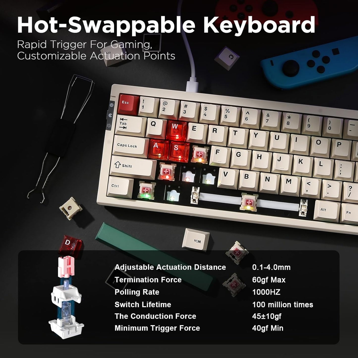 YUNZII RT68 Rapid Trigger Gaming Keyboard,Hall Effect Magnetic Switch,68 Keys,RGB Backlit RGB,Gasket Mount Hot Swap Struture,Adjustable Actuation TKL for Mac/Win(Beige, Outemu Switch)