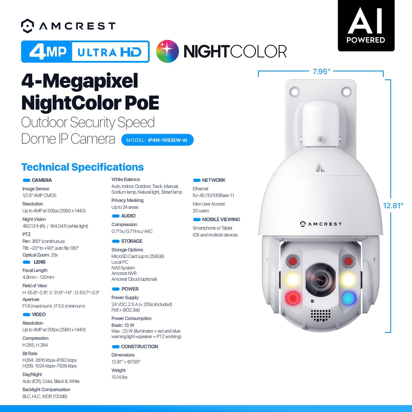 Amcrest 4MP Outdoor PTZ POE+ 802.3at AI IP Camera Pan Tilt Zoom (Optical 25x Motorized), Face Detection, High Speed Auto Tracking, Video MetaData Monitoring, 492ft IR Night Vision, IP4M-1093EW-AI