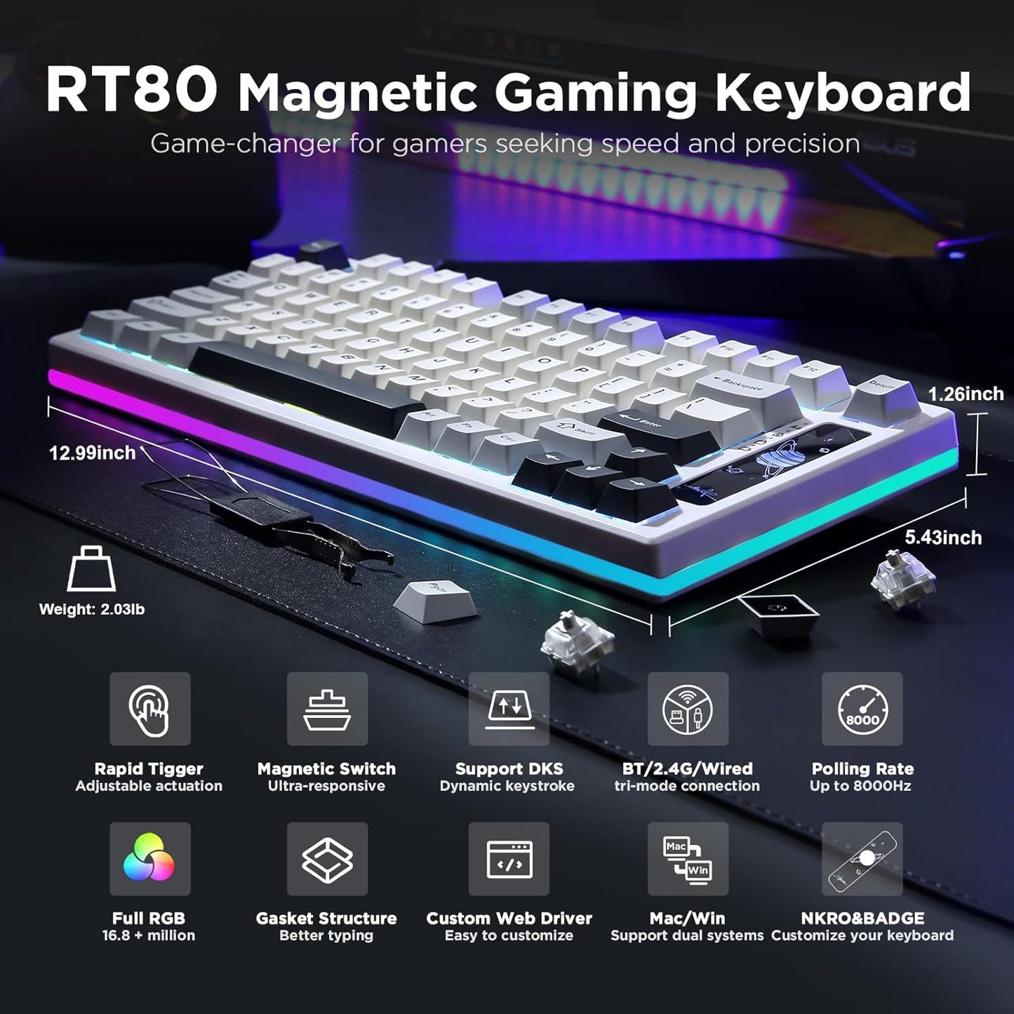 YUNZII RT80 Rapid Trigger Hall Effect Magnetic Gaming Keyboard, 8K Polling Rate, 75% Layout,BT/2.4GHz/Wired,RGB Backlit,Hot Swap,Adjustable Actuation Wireless for Win/Mac(Black, Gateron White)