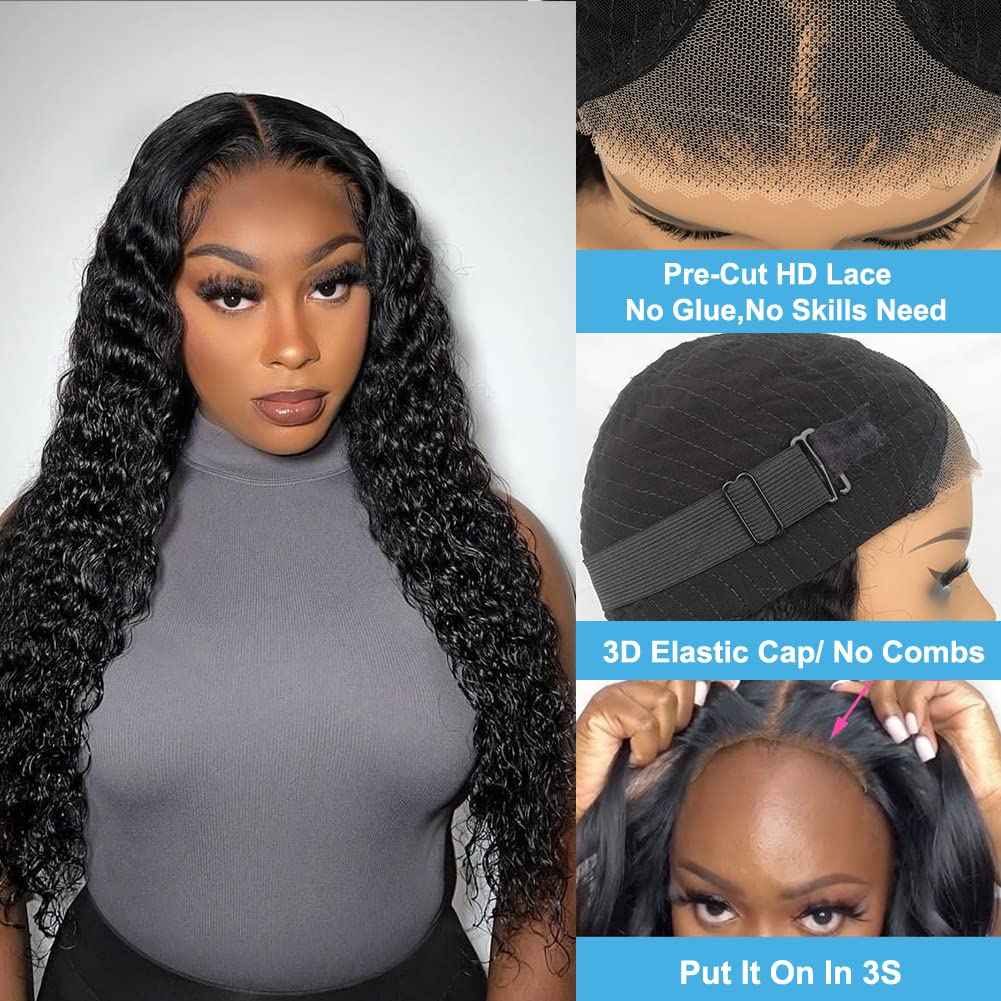 4GIRL4EVER Wet and Wavy Glueless wigs human hair Wear & Go Wigs T Part Lace Front Wigs Pre-cut 4x1 HD Lace Closure Human Hair Wigs for Black Women Water Wave Wig 180% Density Natural Black 20 Inch