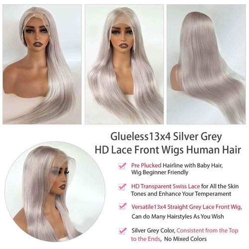 22 Inch Grey 13x4 Lace Front Wig Human Hair HD Transparent Silver Lace Front Human Hair Wigs for Black Women 180% Density Thick Silver Grey Wig Human Hair Free Part Glueless Frontal Wigs Pre Plucked