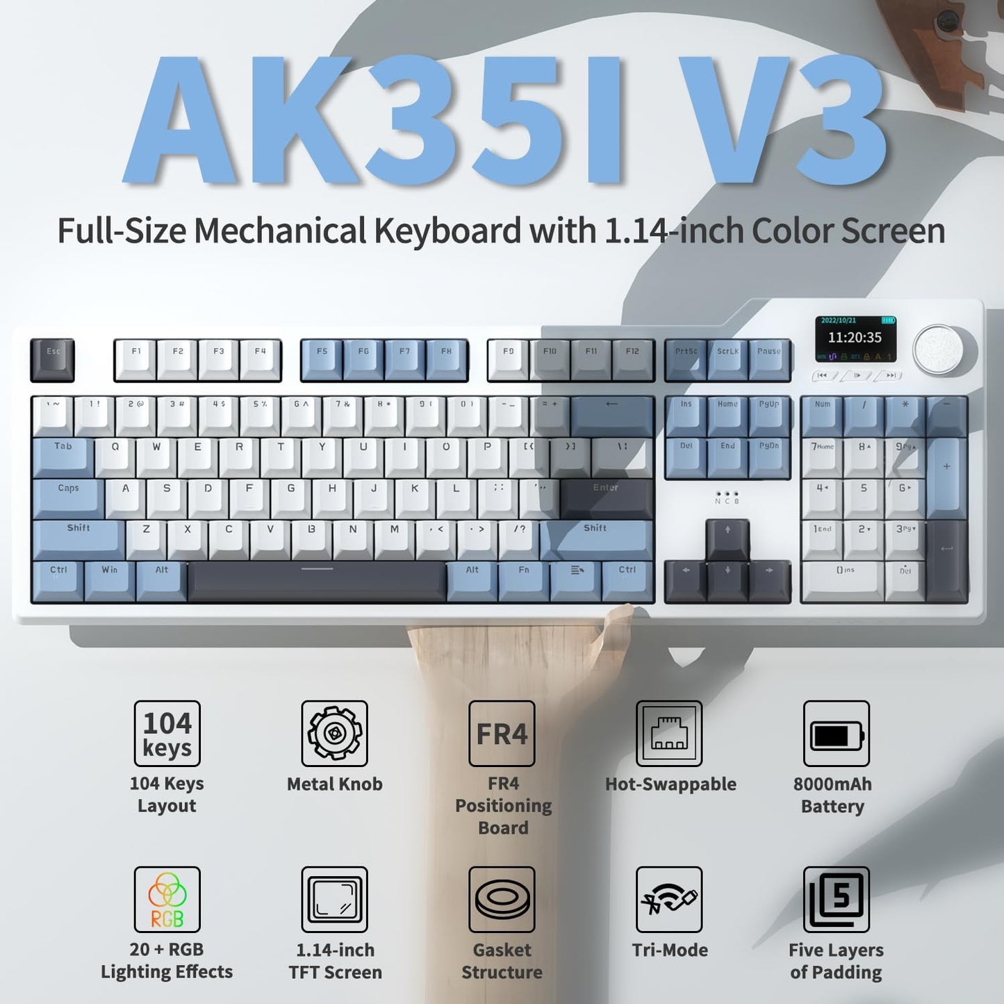 AJAZZ AK35I V3 104-Key Full Size Wired Gasket Mount Gaming Keyboard with Multimedia Buttons & Knob Control | Five Layer Pad | OEM Profile PBT Keycaps | White Backlit Custom Keyboard