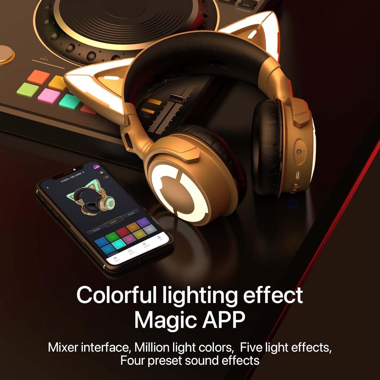 YOWU RGB Cat Ear Headphone 4, Upgraded Wireless & Wired Gaming Headset with Attachable HD Microphone -Active Noise Reduction, Dual-Channel Stereo & Customizable Lighting and Effect via APP (Pink)