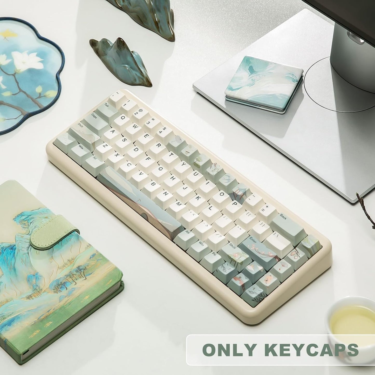 YUNZII Spring Tea Dye Sub PBT Keycaps,145 Full Keys Dye Sublimation PBT Custom Keycap Set with Key Puller for Cherry Gateron MX Switches Mechanical Gaming Keyboard (Cherry Profile, Spring Tea)
