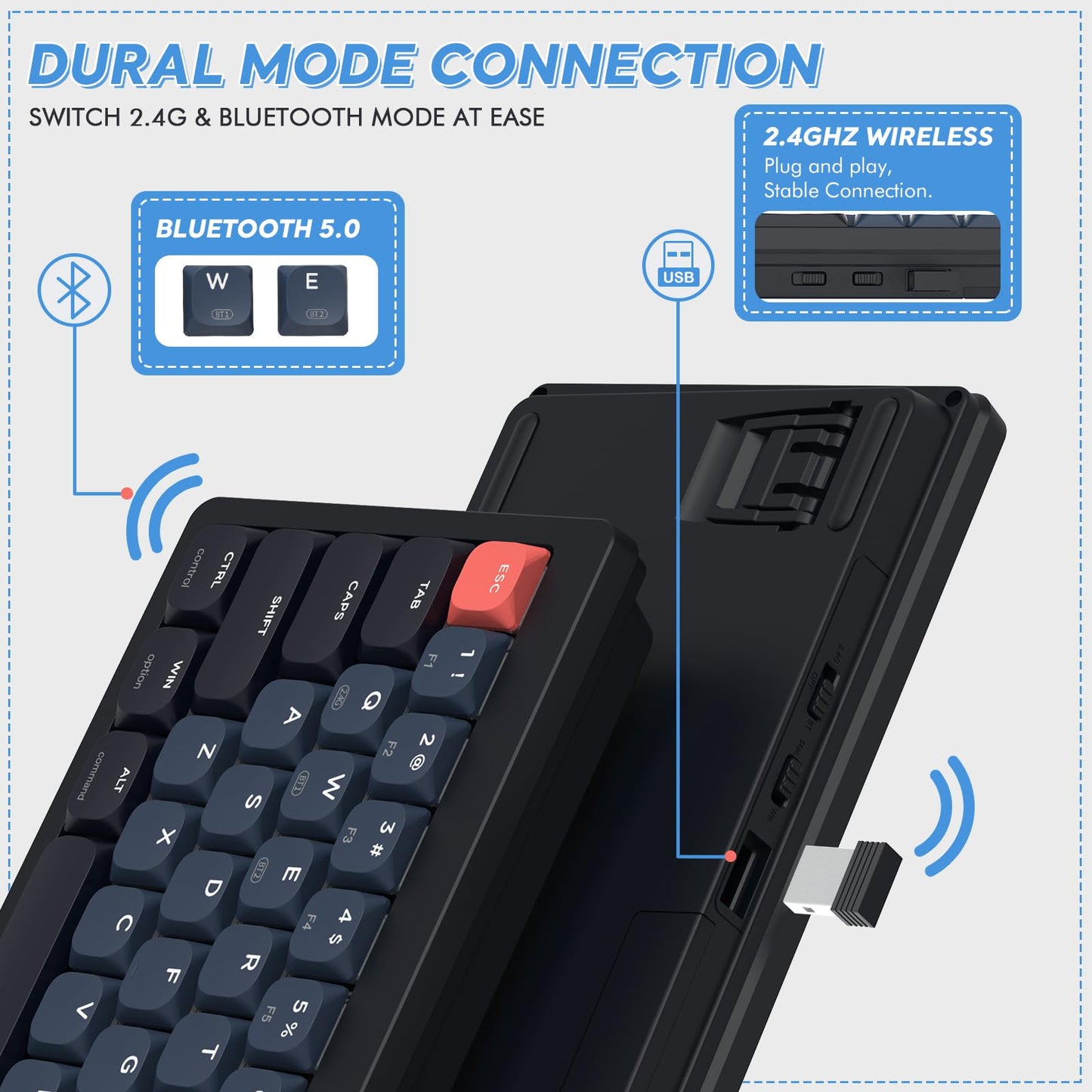 A.JAZZ AKL680 65% Low Profile Wireless Mechanical Keyboard, BT/2.4Ghz Dual Mode 68 Keys Gaming Keyboard with Ultra-Thin Red Switches for PC/Laptop/Windows/Mac(Black/Blue)