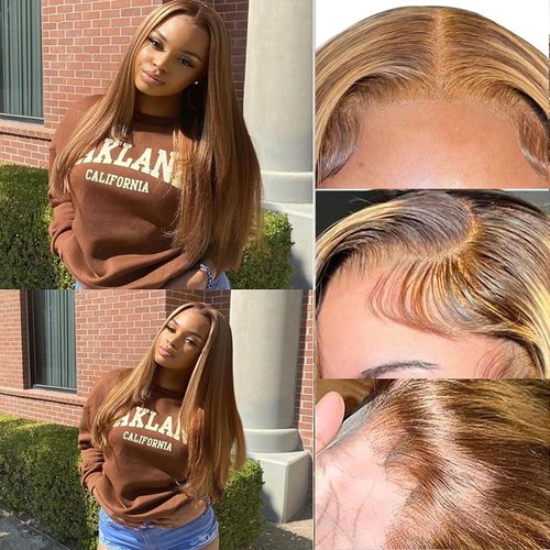Mysyty Highlight Straight 13x4 HD Lace Front Wig 4/27 Straight Lace Frontal Wigs Human Hair Pre Plucked With Baby Hair Honey Blonde Ombre Wig For Women Glueless Wig Human Hair 24 Inch 180% Density