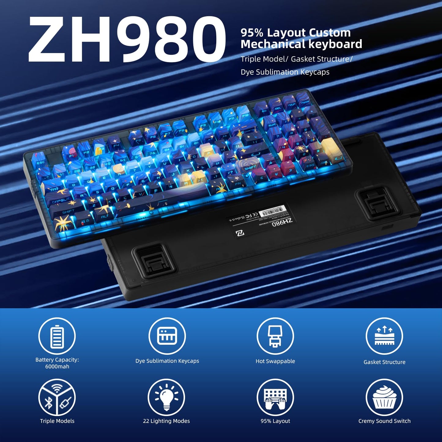 ZORNHER ZH980 Wireless Mechanical Gaming Keyboard,95% Blue Creamy Keyboard with Number Pad,Van Gogh's Starry Night Dye Sublimation PBT Keycaps,Pre-lubed Linear Switches,Hot-Swappable,RGB Backlit