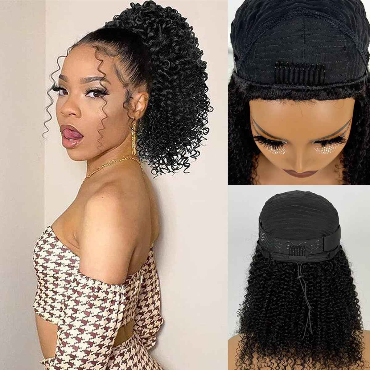 Kinky Curly Half Wig Human Hair 200% Density 3 In 1 Seamless Flip Over Half Wigs Human Hair Glueless Wear and Go Beginner Friendly Kinky Curly Wig Human Hair Drawstring Headband Wig for Women 20 Inch