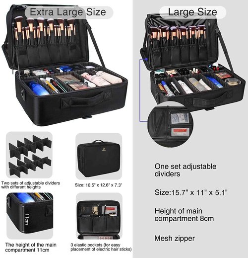 Relavel Extra Large Makeup Case Travel Makeup Train Case Professional Makeup Artist Bag Portable Nail Organizer Box Art Supply Case with Adjustable Dividers/Attach to Trolley/Shoulder Strap (Black)