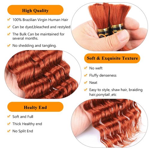 QTHAIR Deep Wave Bulk Human Hair For Braiding No Weft (24"#350 Ginger)16A 100% Unprocessed Brazilian Deep Wave Human Hair Virgin Hair Extensions Two Bundles Micro Braiding