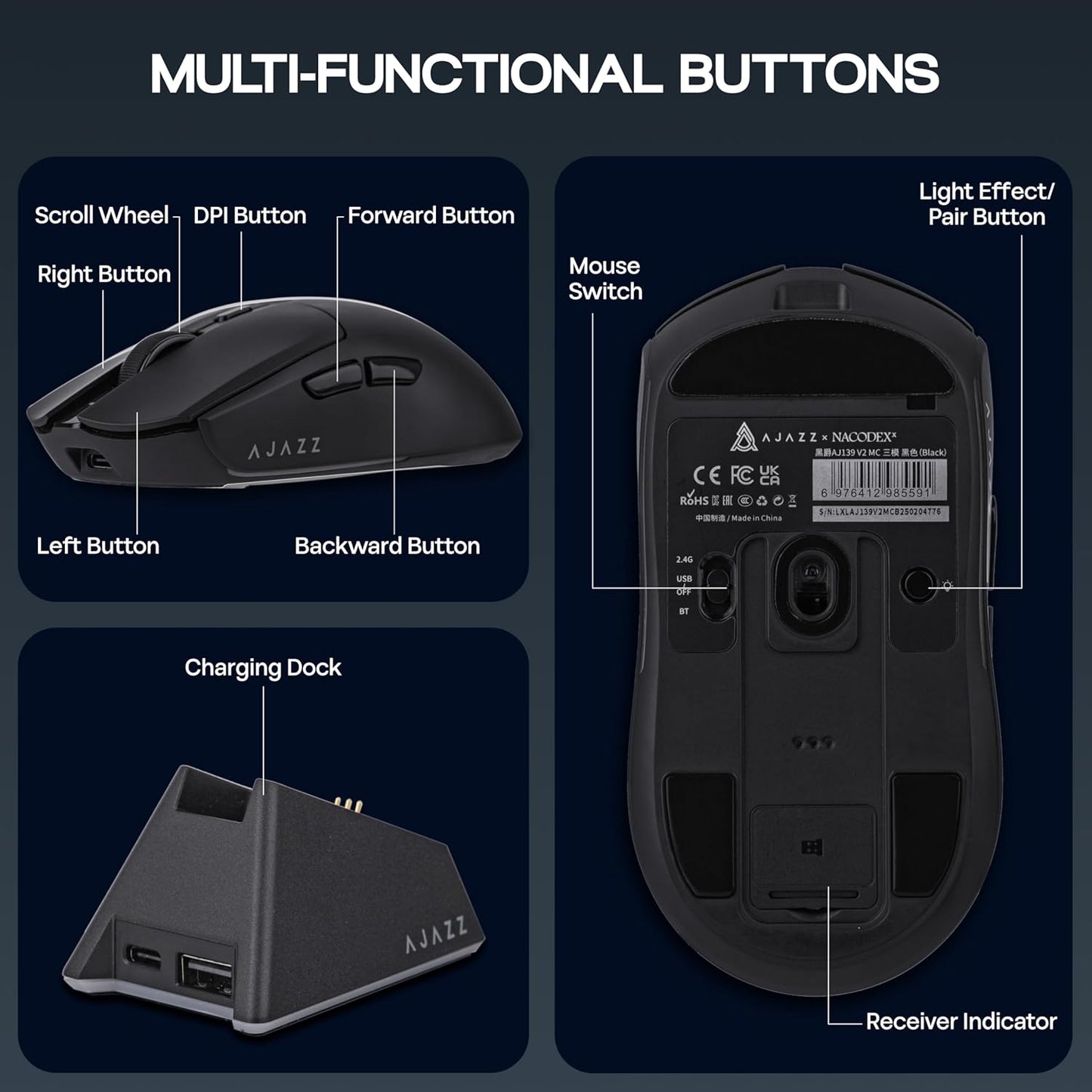 AJAZZ AJ139 V2 MC Gaming Mouse with Charging Base, Adjustable 12,000 DPI, PAW3311 Sensor, 3 Modes Wireless Mouse, 500mAh Battery, 1000 Polling Rate, 66g Lightweight, Win/Mac (White)