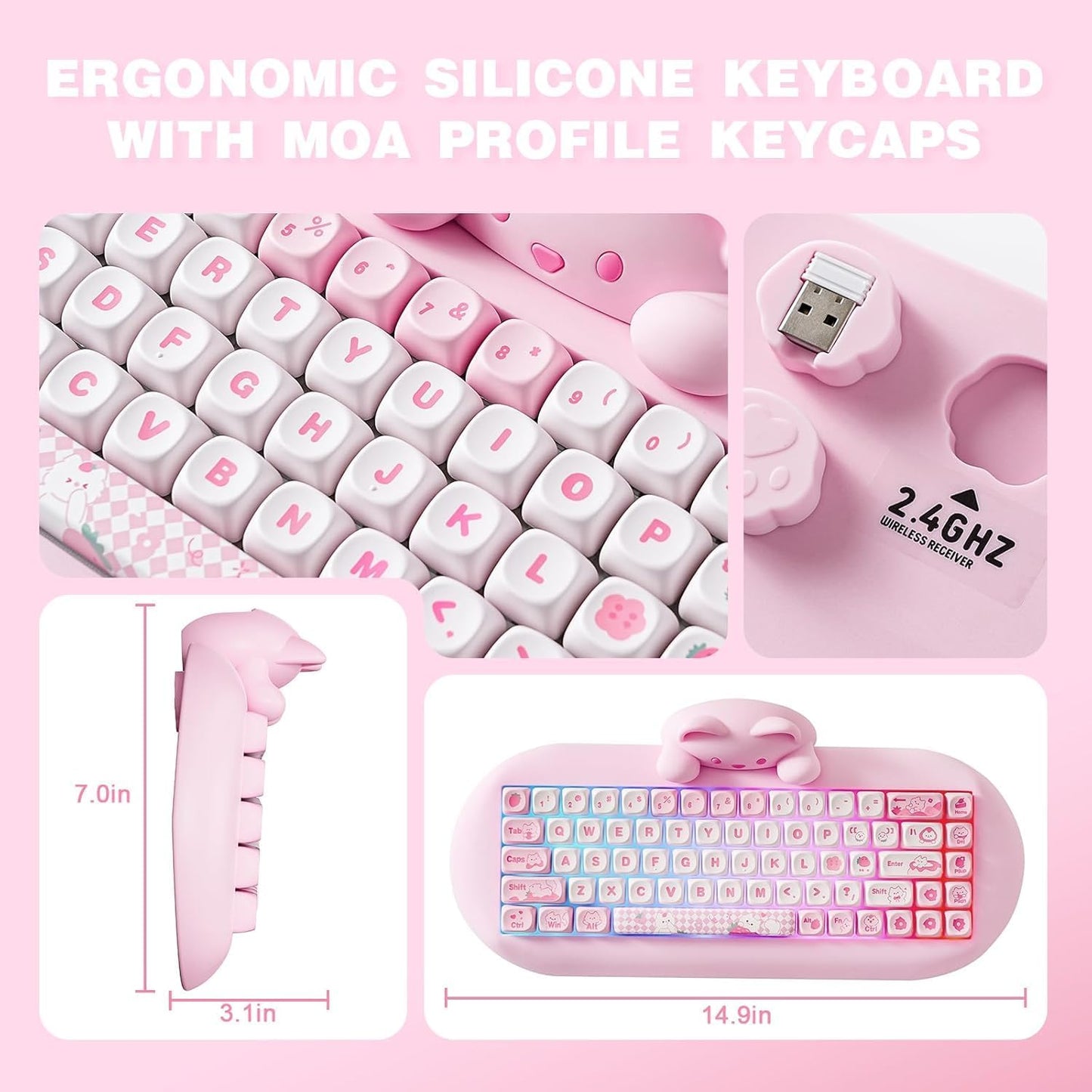 YUNZII C68 Wireless Mechanical Keyboard,65% Layout,Hot Swap,Triple Mode BT5.0/2.4G/Wired, RGB Backlit NKRO,Cute Cat Silicone Ergonomic Design for Win/Mac(Pink, Cocoa Cream V2 Switch)