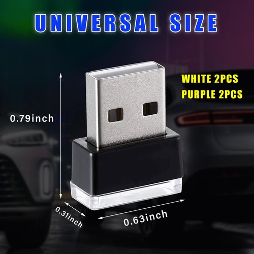 Augeny 4 PCS USB LED Car Interior Atmosphere Lamp, Plug-in USB Decor Night Light, Portable Auto Ambient Lighting Kit, Universal Vehicle Interior Accessories for Most Cars (White & Purple)