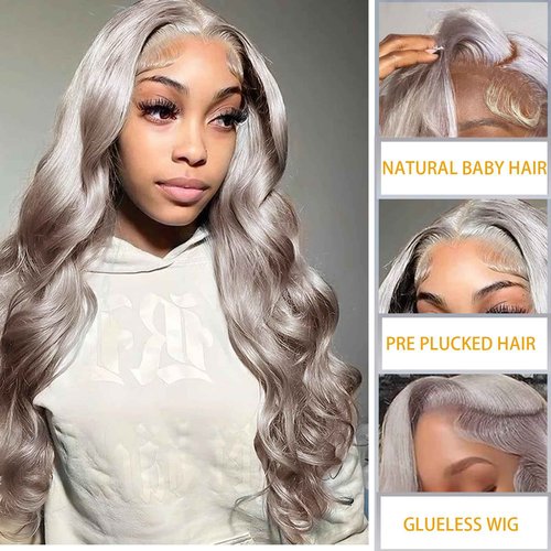 SISHAIRRO Grey Lace Front Wigs Human Hair Pre Plucked with Natural Hairline 13x6 Glueless Wigs Human Hair 180 Density Highlight Body Wave Lace Frontal Wig 26 Inch
