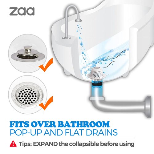 zaa Bathtub Drain Hair Catcher, Silicone Collapsible 1 Pack Drain Protector for Pop-Up and Regular Drains of Shower, Tub, Bathroom, Sink, Snow-White