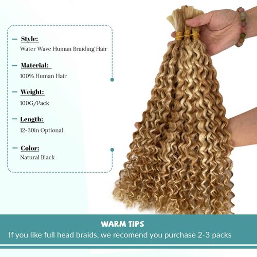 Highlighted Human Braiding Hair 24 Inch Water Wave Bulk Human Hair for Braiding No Weft 100% Unprocessed Ombre Blonde Curly Micro Human Hair Braiding Hair Extensions for Boho Braids Wet and Wave 100g