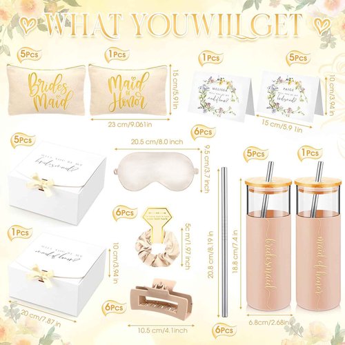 Tioncy 42 Pcs Bridesmaid Proposal Gifts Bridal Shower Wedding Gift Box Makeup Bags Invited Cards Tumblers with Lids and Straw Scrunchies Eye Mask Hair Clips for Maid of Honor(Champagne)
