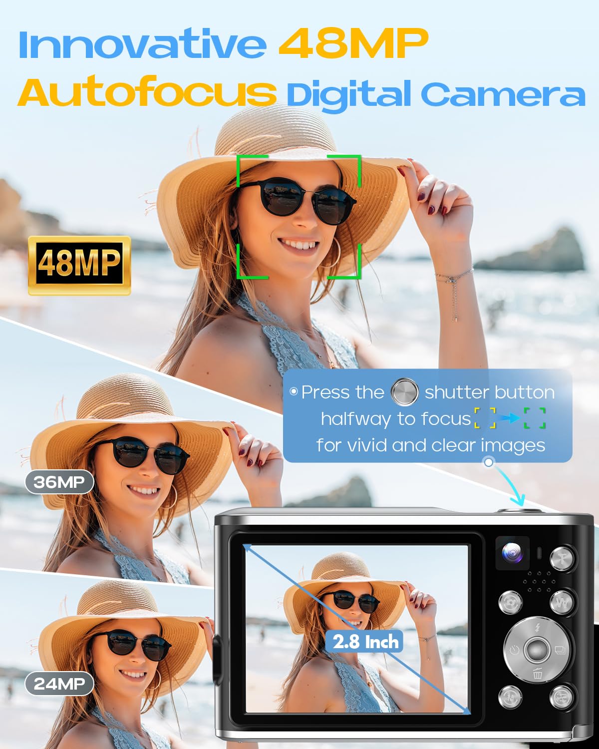 4K Digital Camera, Autofocus 48MP Vlogging Camera for Photography Compact Point and Shoot Digital with 16X Zoom, 32GB Card, 2.8" Screen, Anti-Shake(Black)