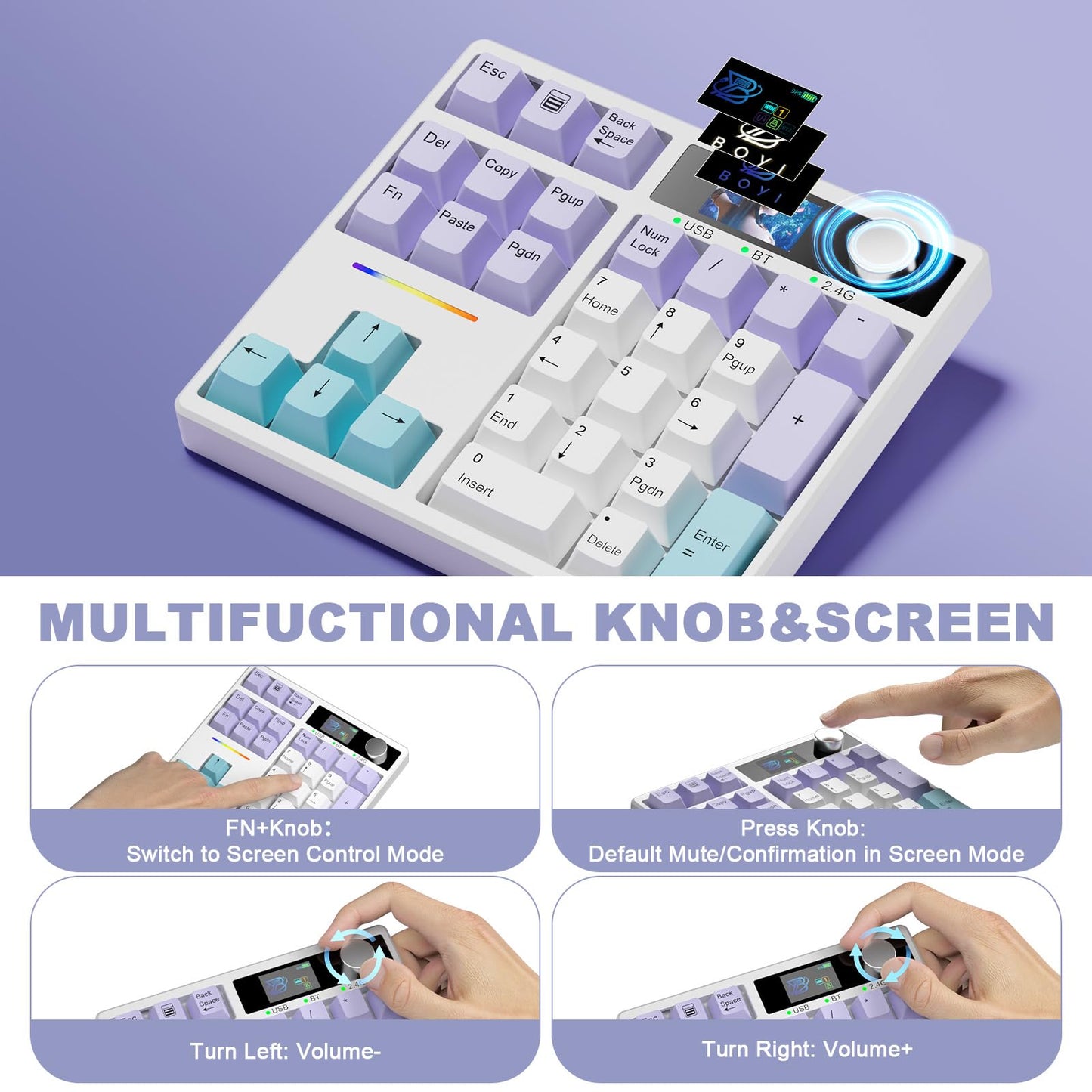 ZMX X BOYI TD31Pro Mechanical Number Pad,30 Keys Hot Swap Wireless BT5.0/2.4GHz/Type-C Wired Numeric Keypad Programmable RGB Gaming Numpad Keyboard with Knob Screen for Laptop/Mac (White-Purple)