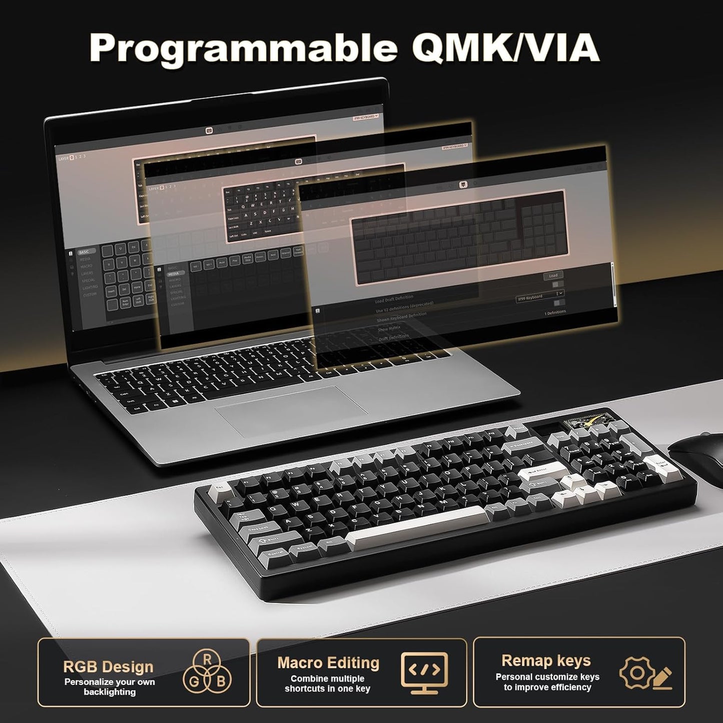YUNZII IF99 Wireless Mechanical Gaming Keyboard(Black, Cocoa Cream V2 Switch), MOG Dye Sub PBT Keycaps(Pink Ice Cream)